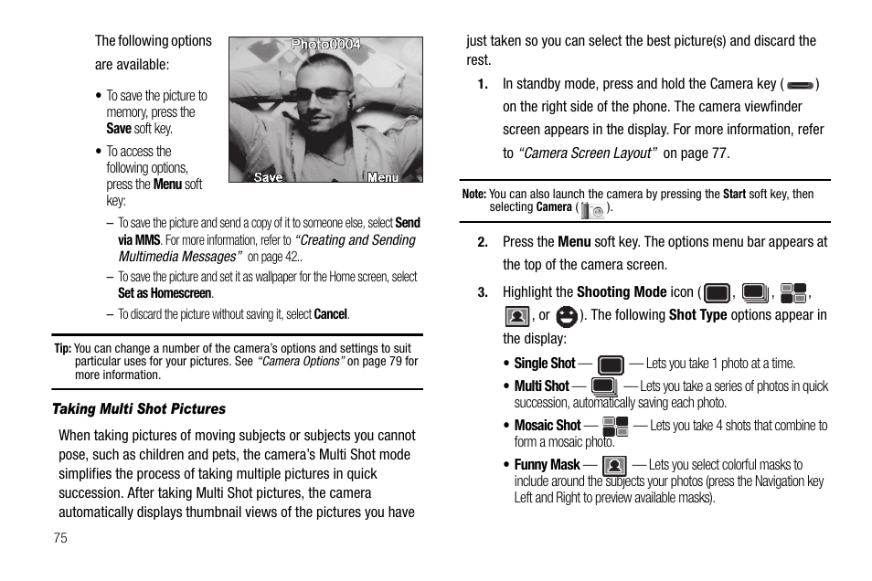 Taking multi shot pictures | Samsung Code SCH-i220 User Manual | Page 78 / 161