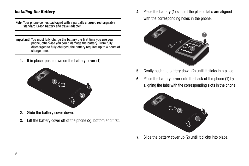 Installing the battery | Samsung Code SCH-i220 User Manual | Page 8 / 161