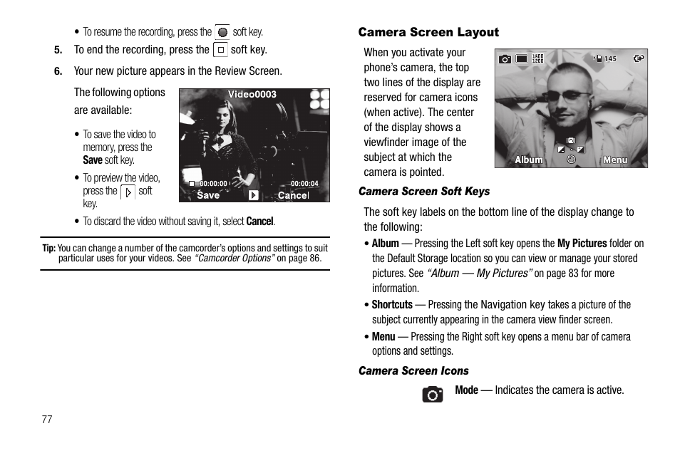 Camera screen layout, Camera screen soft keys, Camera screen icons | For more information, refer | Samsung Code SCH-i220 User Manual | Page 80 / 161
