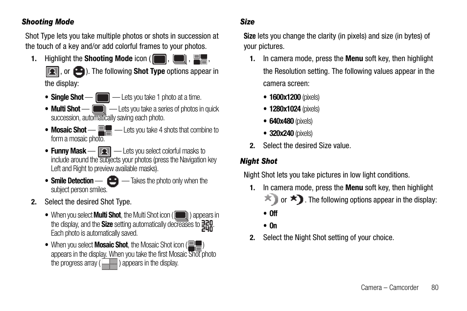 Shooting mode, Size, Night shot | Samsung Code SCH-i220 User Manual | Page 83 / 161