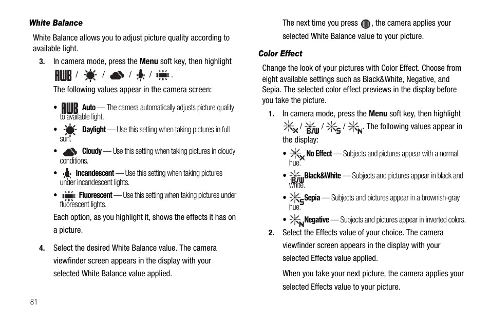 White balance, Color effect | Samsung Code SCH-i220 User Manual | Page 84 / 161