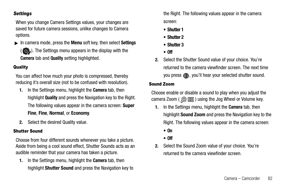 Settings, Quality, Shutter sound | Sound zoom | Samsung Code SCH-i220 User Manual | Page 85 / 161