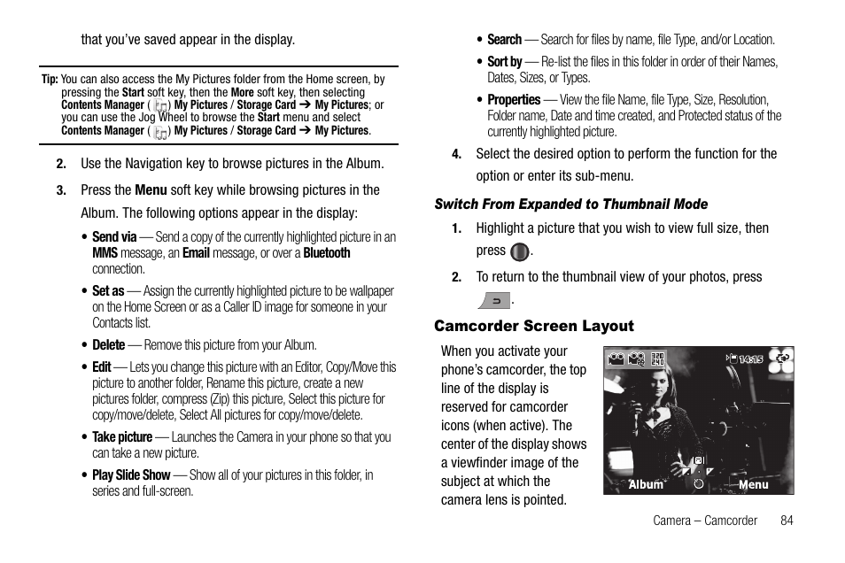Switch from expanded to thumbnail mode, Camcorder screen layout | Samsung Code SCH-i220 User Manual | Page 87 / 161