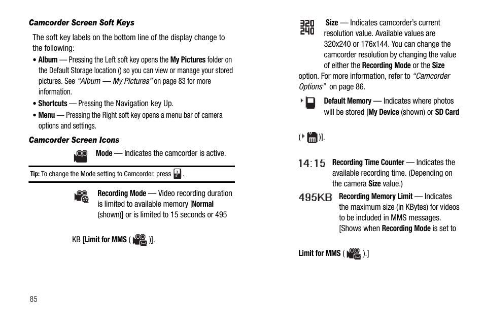 Camcorder screen soft keys, Camcorder screen icons | Samsung Code SCH-i220 User Manual | Page 88 / 161