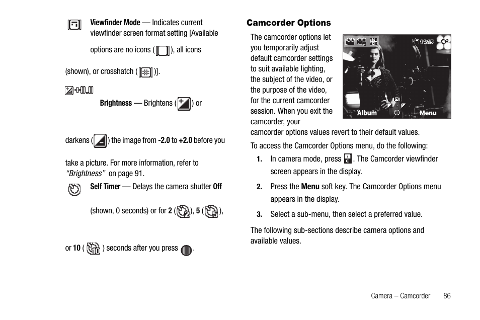 Camcorder options | Samsung Code SCH-i220 User Manual | Page 89 / 161