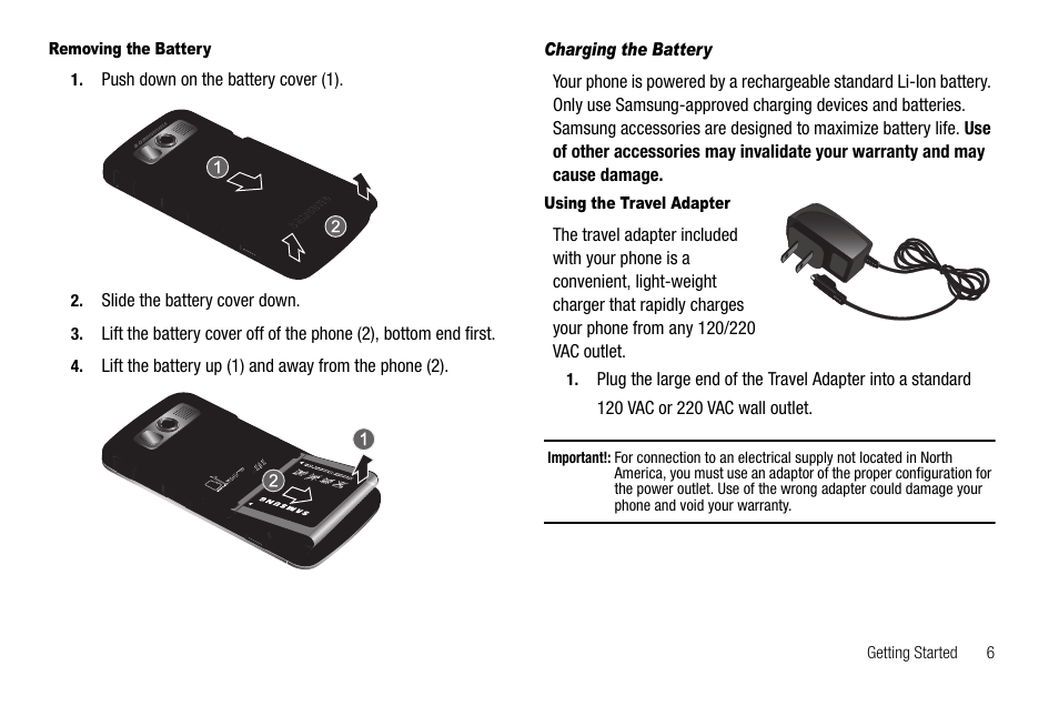 Removing the battery, Charging the battery, Using the travel adapter | Samsung Code SCH-i220 User Manual | Page 9 / 161