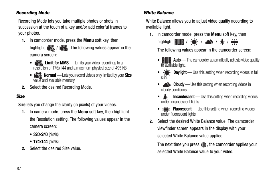 Recording mode, Size, White balance | Samsung Code SCH-i220 User Manual | Page 90 / 161
