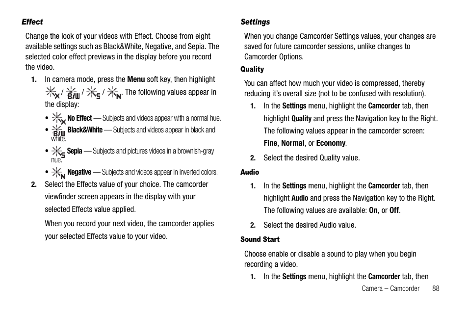Effect, Settings, Quality | Audio, Sound start | Samsung Code SCH-i220 User Manual | Page 91 / 161