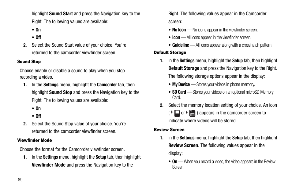 Sound stop, Viewfinder mode, Default storage | Review screen | Samsung Code SCH-i220 User Manual | Page 92 / 161