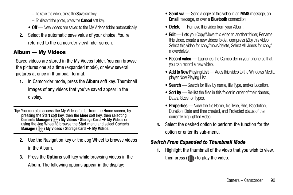 Album — my videos, Switch from expanded to thumbnail mode | Samsung Code SCH-i220 User Manual | Page 93 / 161