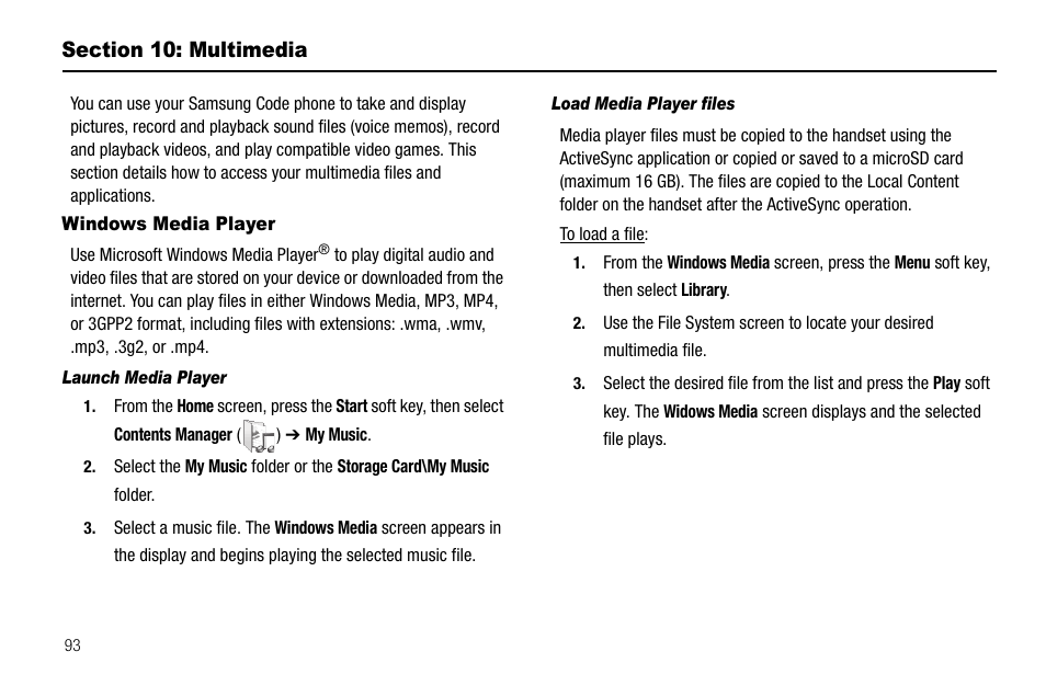 Section 10: multimedia, Windows media player, Launch media player | Load media player files | Samsung Code SCH-i220 User Manual | Page 96 / 161