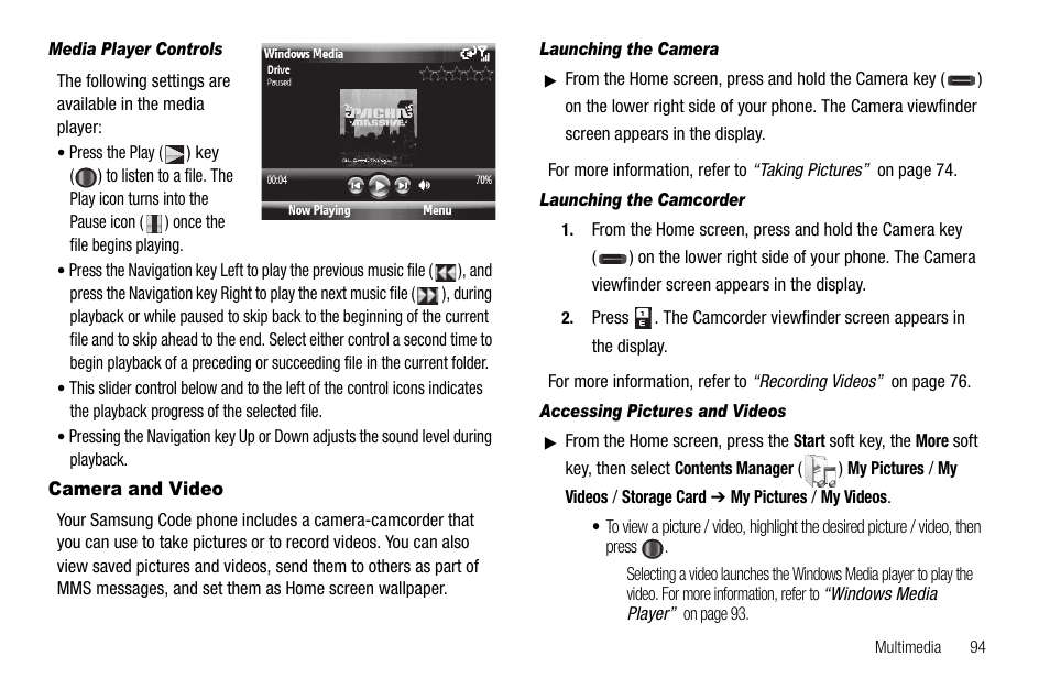 Media player controls, Camera and video, Launching the camera | Launching the camcorder, Accessing pictures and videos | Samsung Code SCH-i220 User Manual | Page 97 / 161