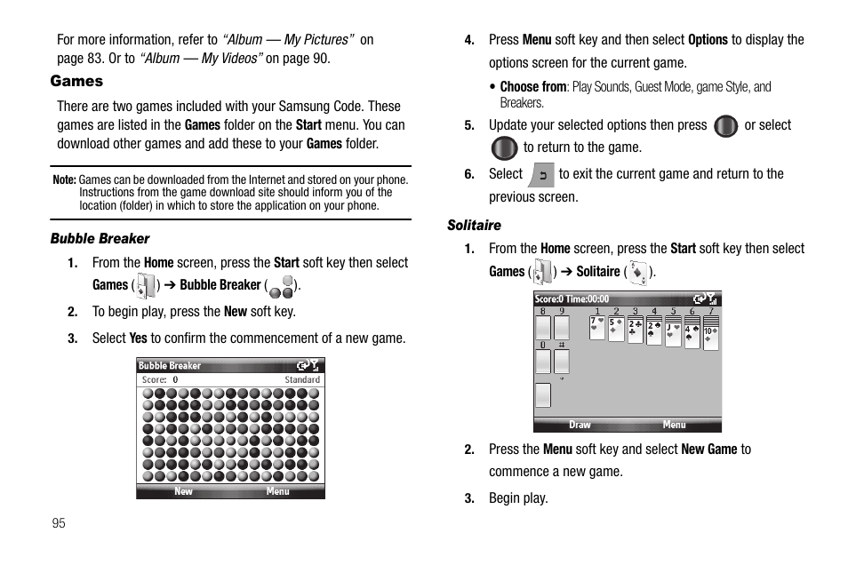 Games, Bubble breaker, Solitaire | Samsung Code SCH-i220 User Manual | Page 98 / 161