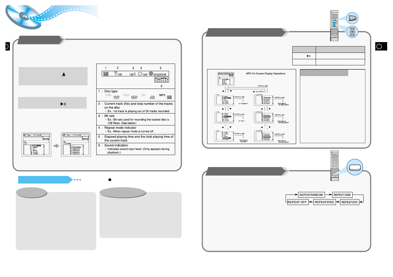 Mp3 playback, Starting playback, Operations using the on-screen display | Repeating playback | Samsung HT-DL105 User Manual | Page 14 / 25