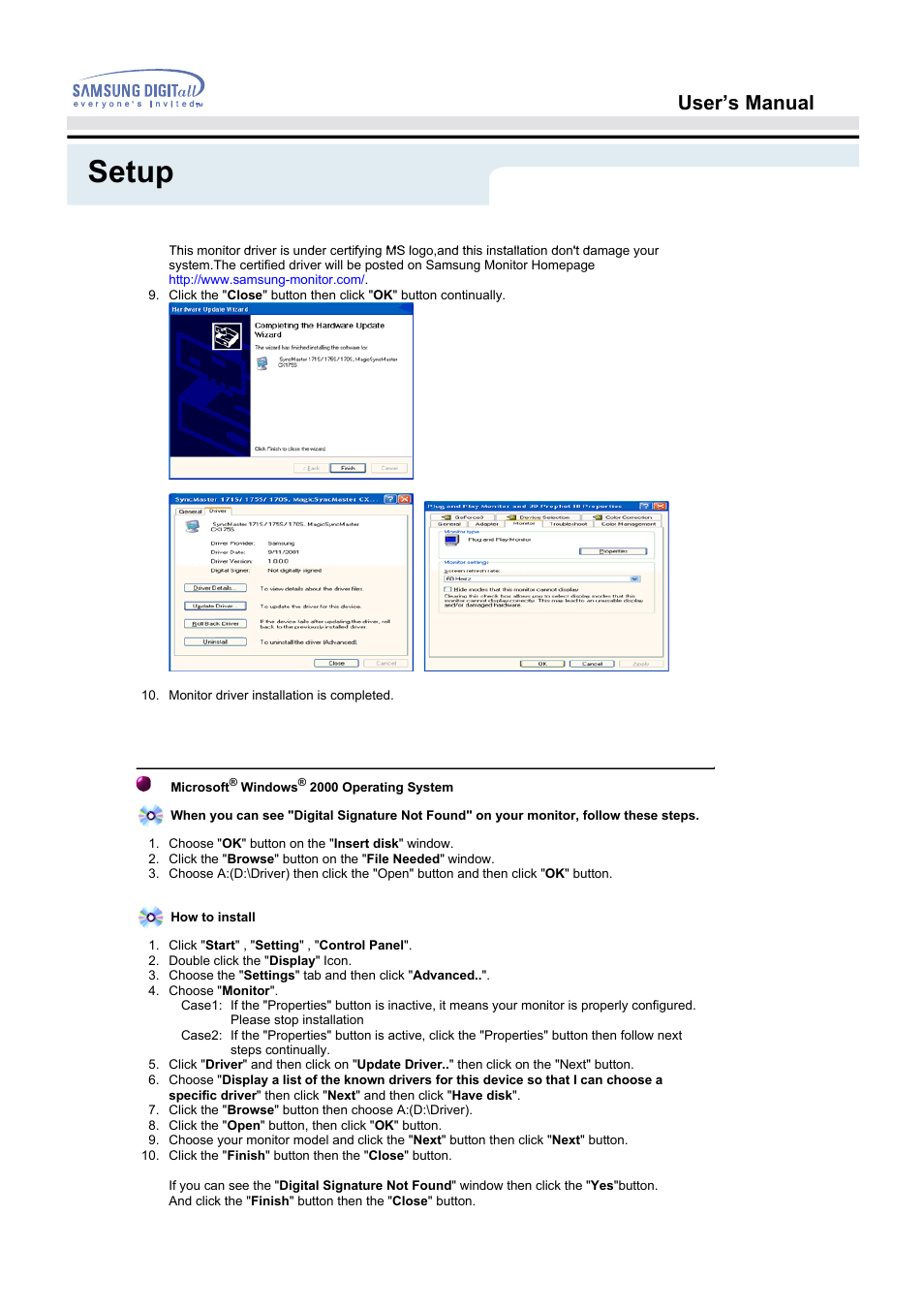 Setup, User’s manual | Samsung 172T User Manual | Page 25 / 69