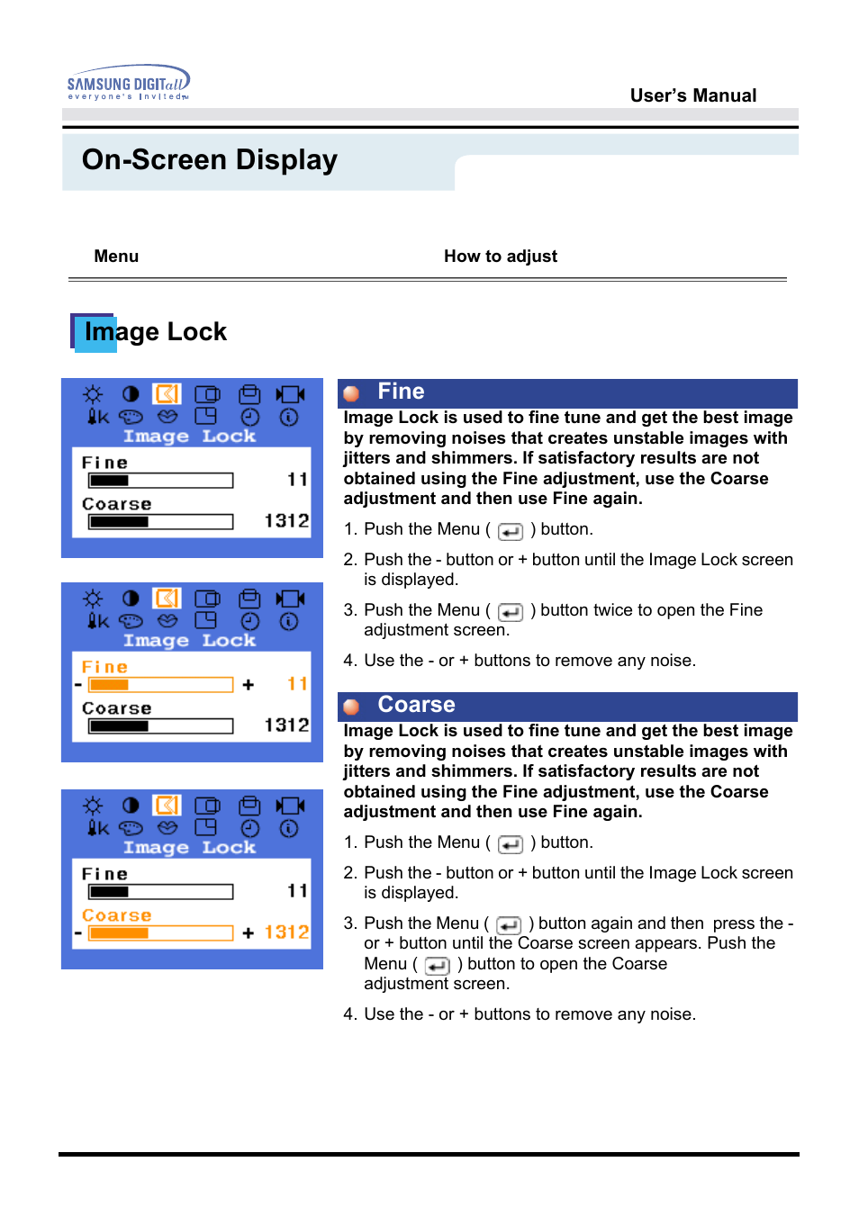 On-screen display, Image lock, Fine coarse | Samsung 172T User Manual | Page 29 / 69