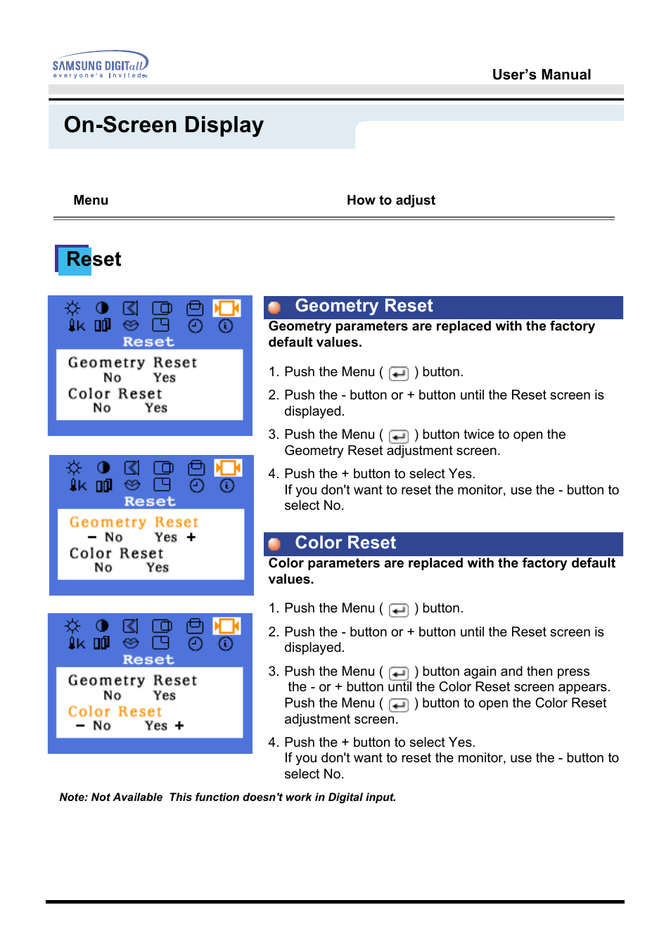 On-screen display, Reset, Geometry reset color reset | Samsung 172T User Manual | Page 40 / 69