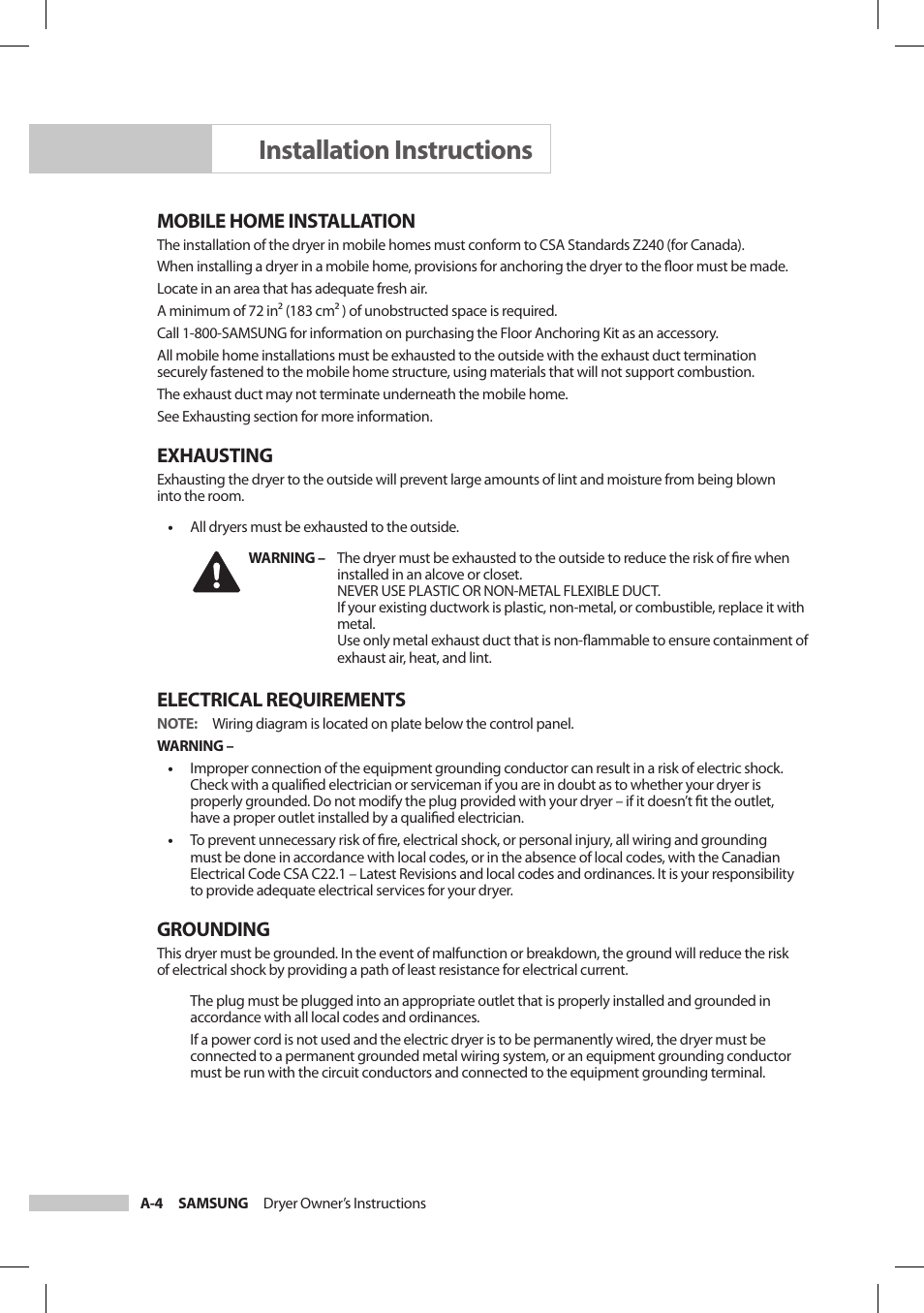 Installation instructions, Mobile home installation, Exhausting | Electrical requirements, Grounding | Samsung DV206LEW User Manual | Page 10 / 30