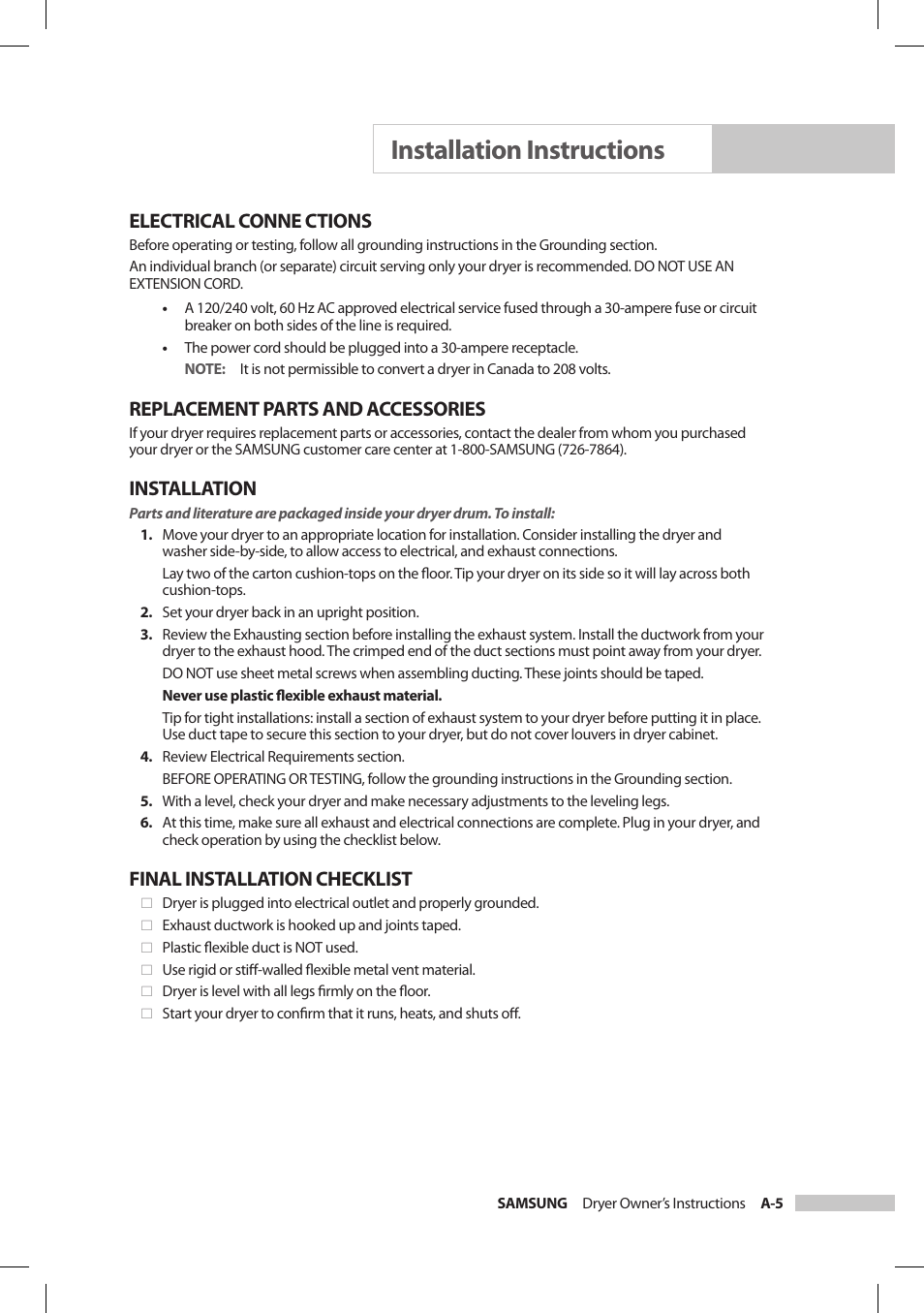 Installation instructions, Electrical conne ctions, Replacement parts and accessories | Installation, Final installation checklist | Samsung DV206LEW User Manual | Page 11 / 30