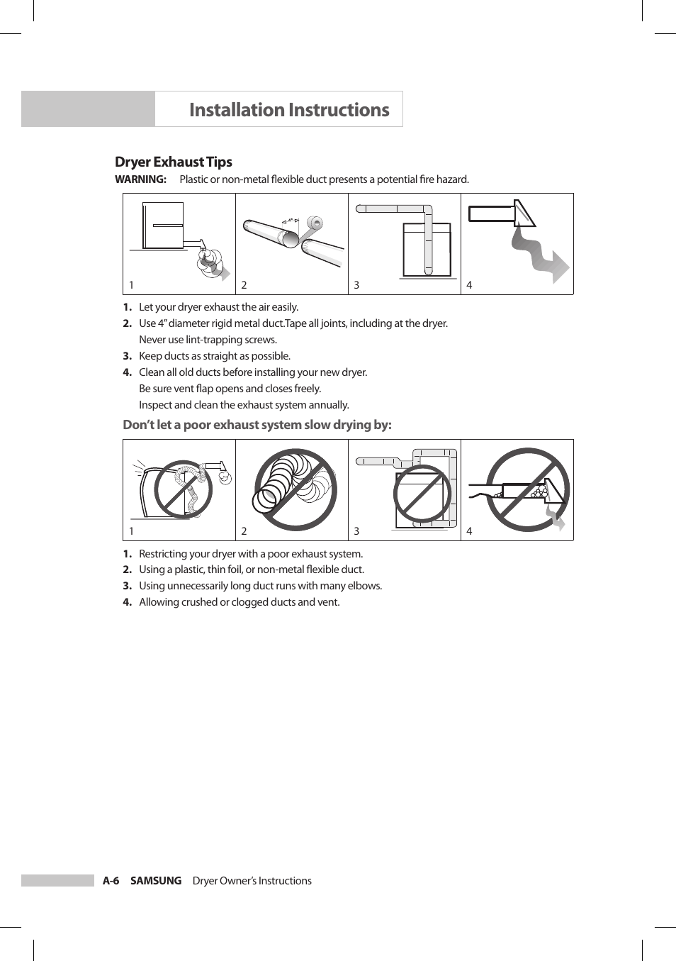 Installation instructions, Dryer exhaust tips | Samsung DV206LEW User Manual | Page 12 / 30