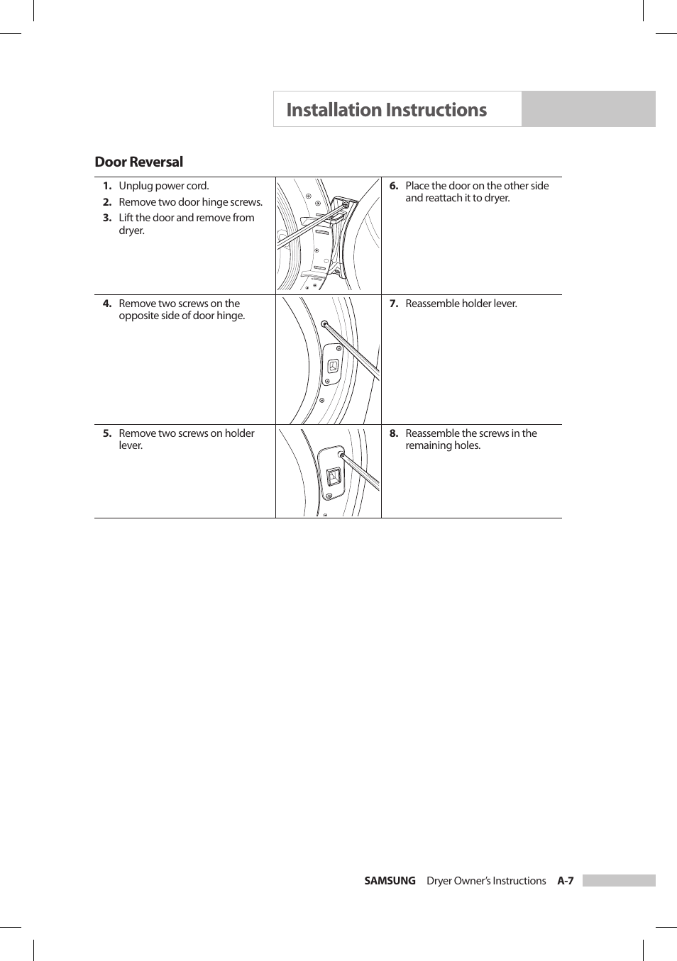 Installation instructions, Door reversal | Samsung DV206LEW User Manual | Page 13 / 30