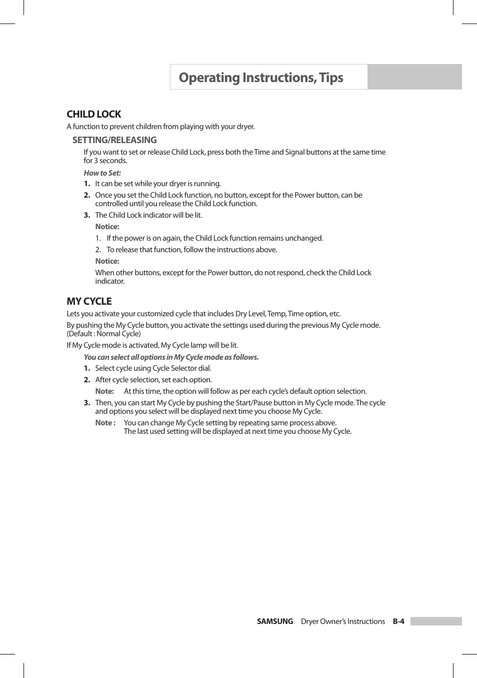 Operating instructions, tips, Child lock, My cycle | Samsung DV206LEW User Manual | Page 17 / 30