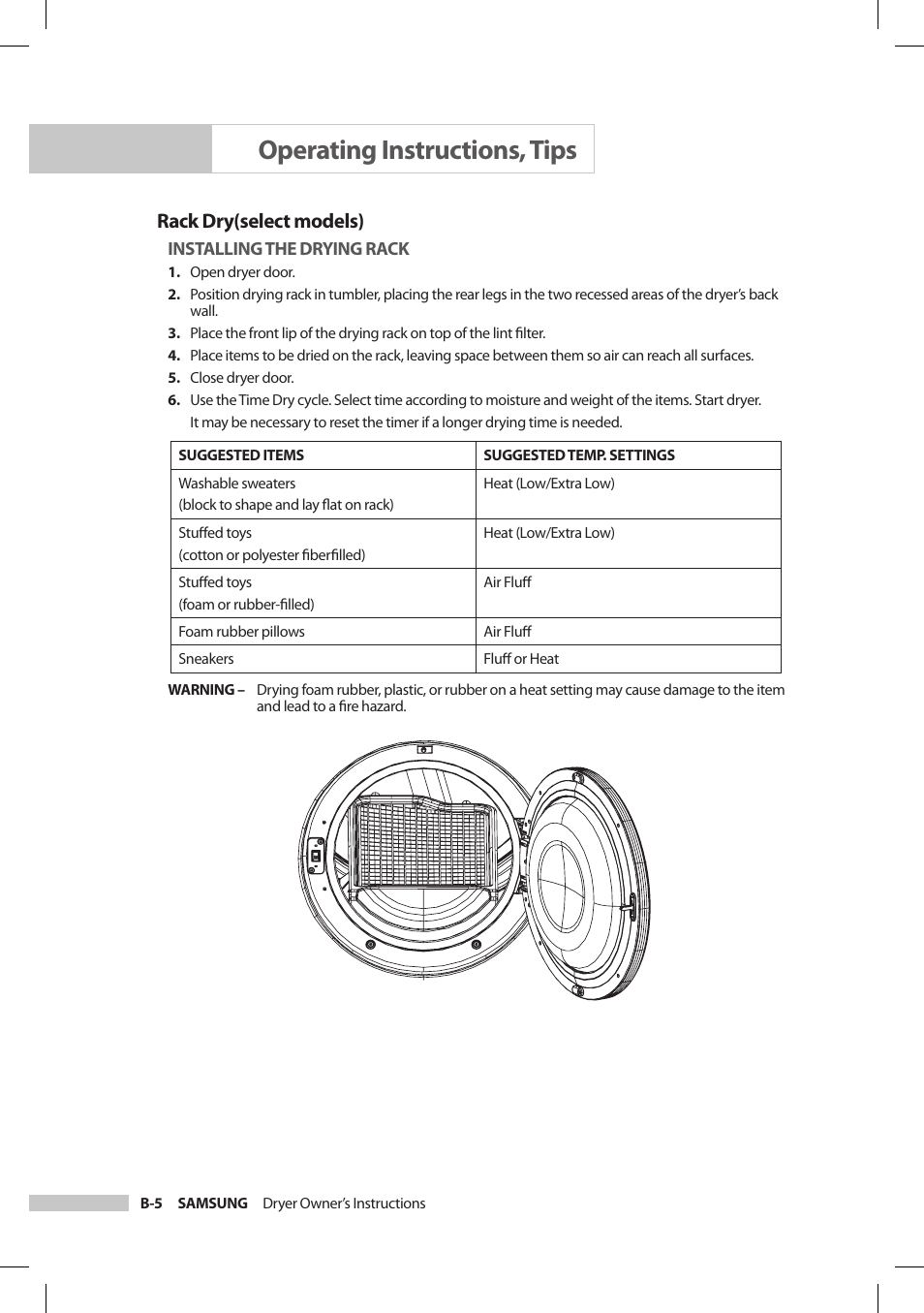 Operating instructions, tips, Rack dry(select models) | Samsung DV206LEW User Manual | Page 18 / 30