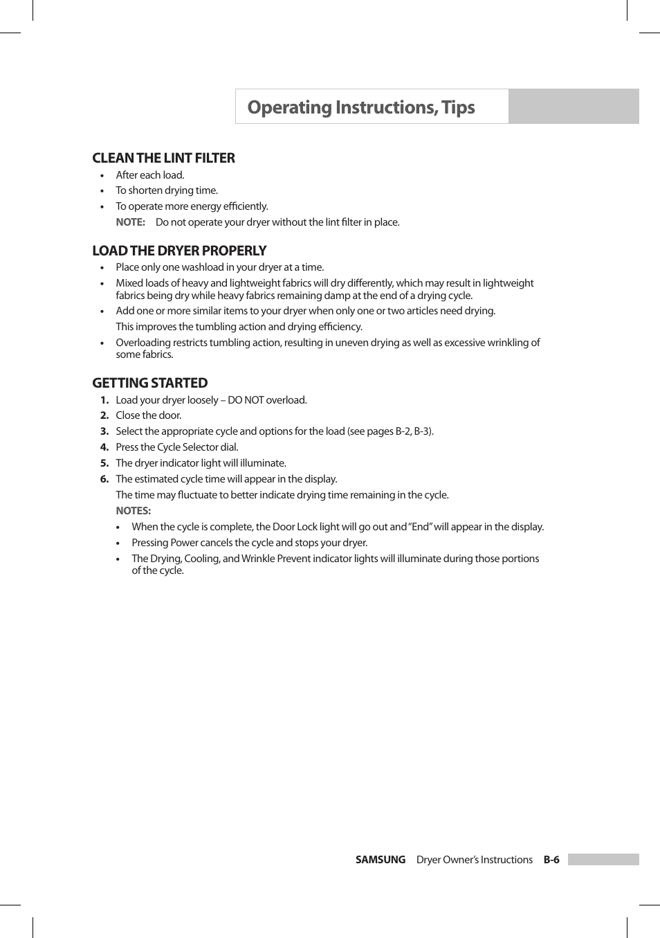 Operating instructions, tips, Clean the lint filter, Load the dryer properly | Getting started | Samsung DV206LEW User Manual | Page 19 / 30