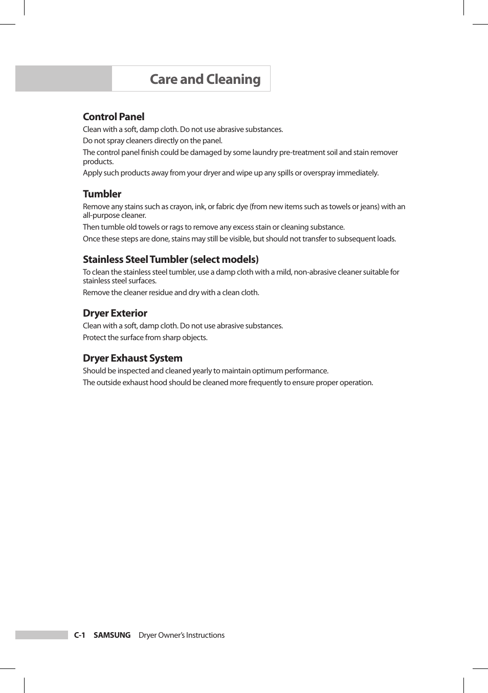 Care and cleaning | Samsung DV206LEW User Manual | Page 20 / 30
