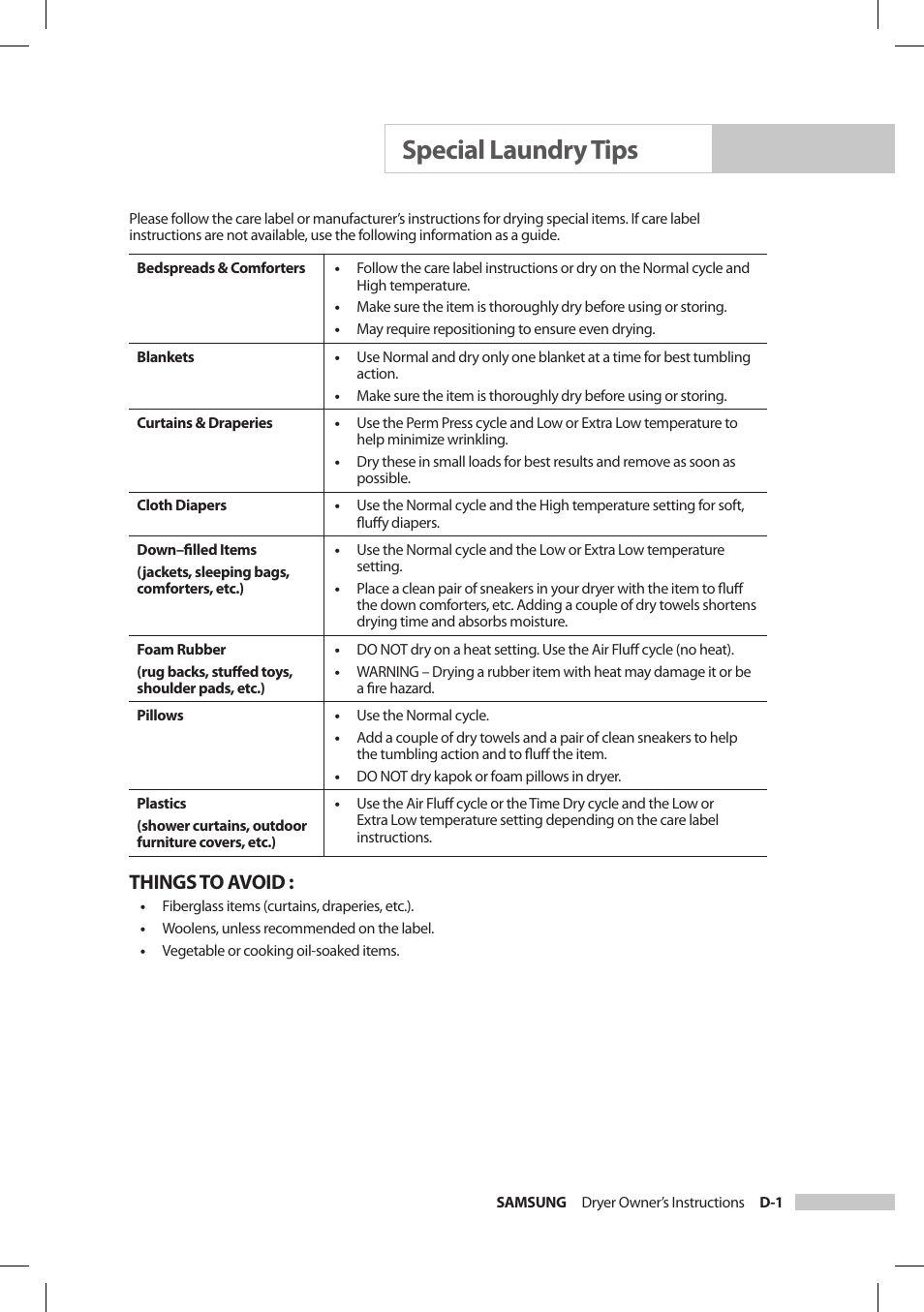 Special laundry tips, Things to avoid | Samsung DV206LEW User Manual | Page 21 / 30