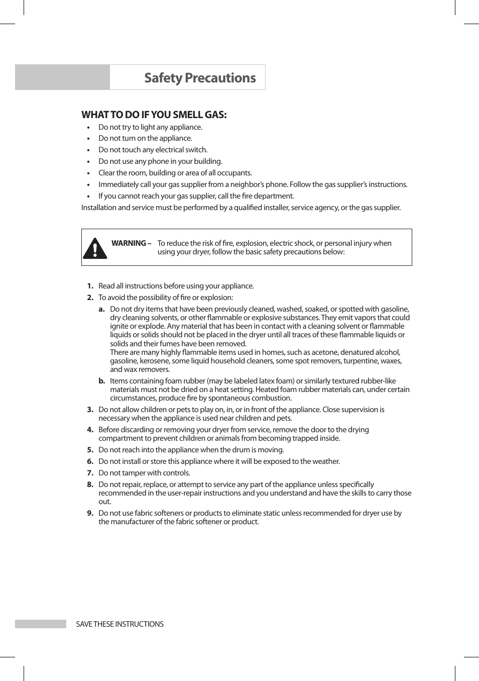Safety precautions, What to do if you smell gas | Samsung DV206LEW User Manual | Page 4 / 30