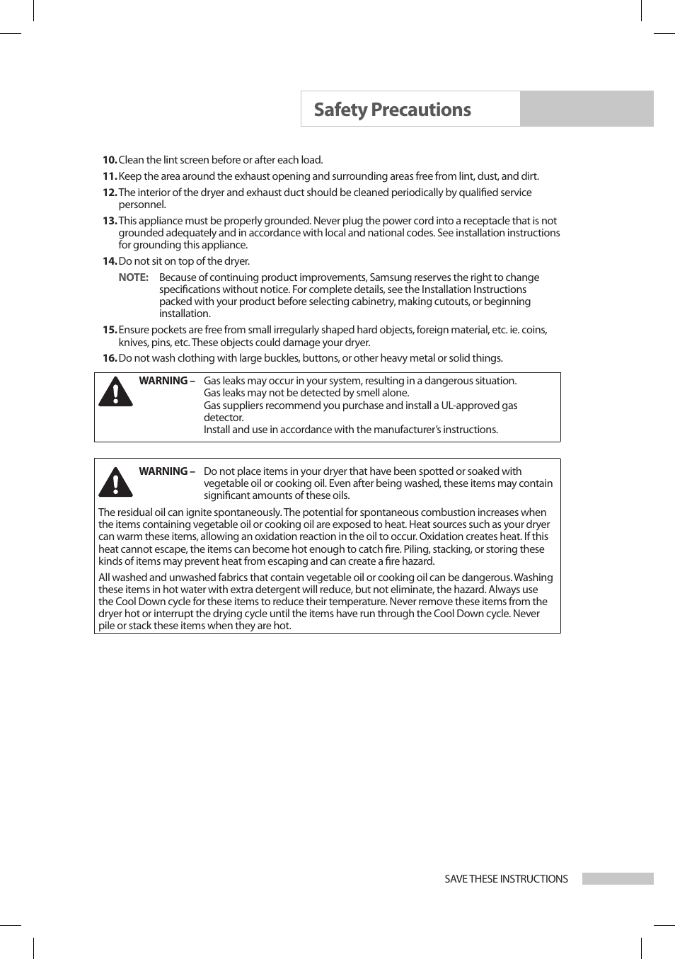 Safety precautions | Samsung DV206LEW User Manual | Page 5 / 30