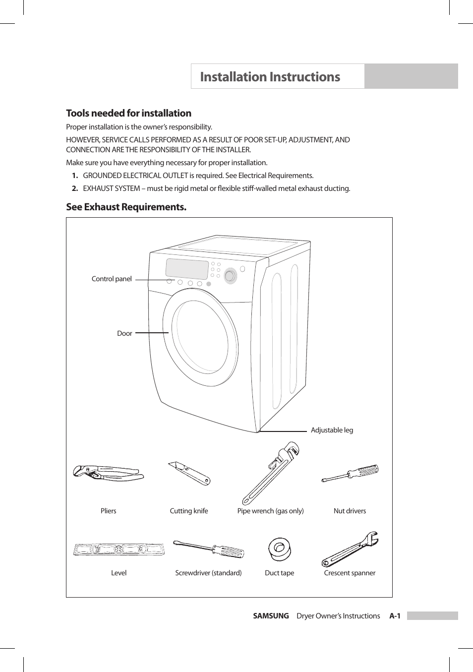 Installation instructions, Tools needed for installation, See exhaust requirements | Samsung DV206LEW User Manual | Page 7 / 30