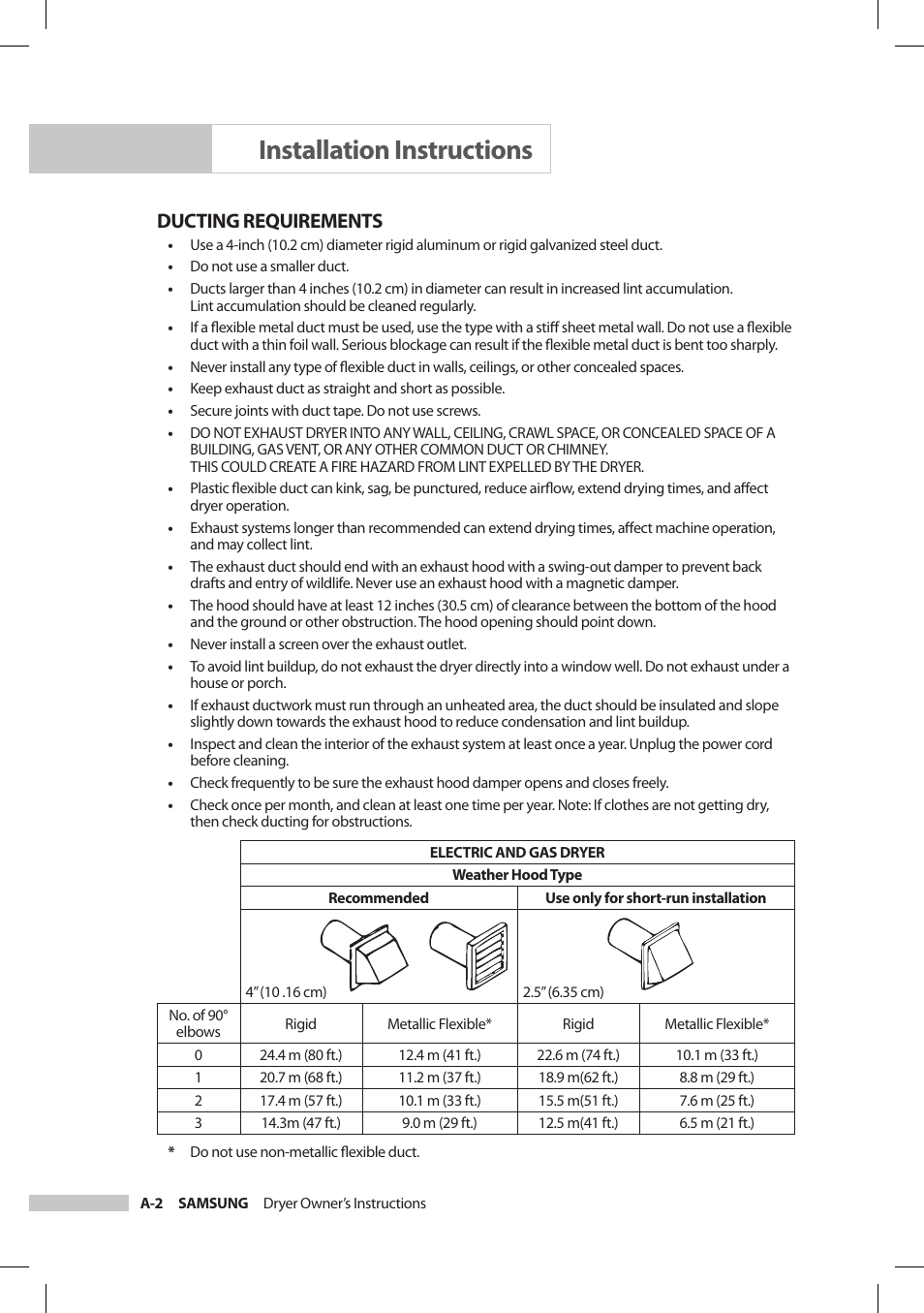 Installation instructions, Ducting requirements | Samsung DV206LEW User Manual | Page 8 / 30