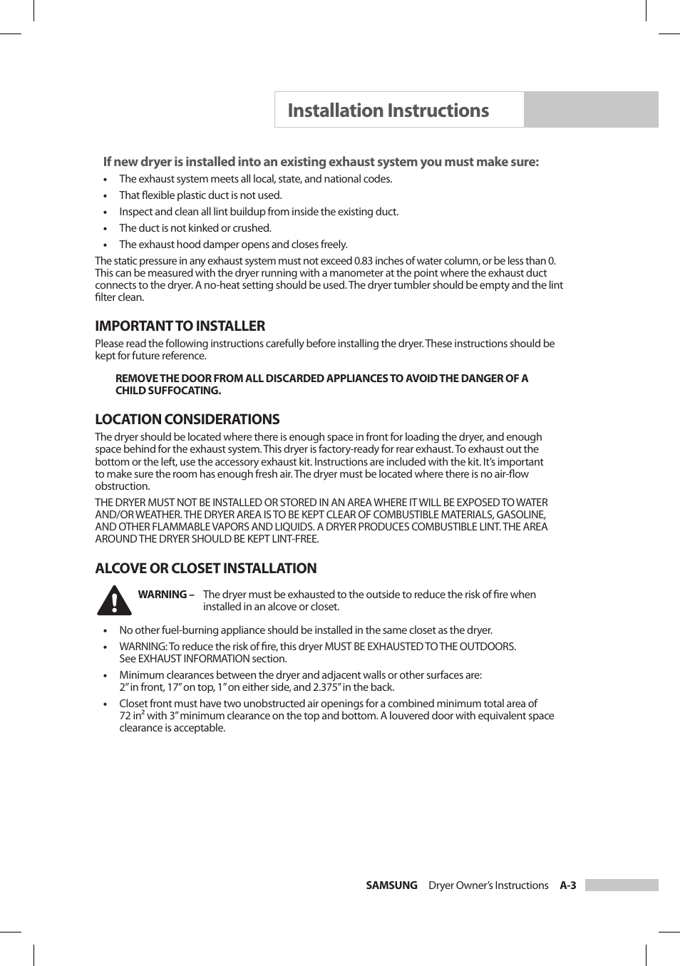 Installation instructions, Important to installer, Location considerations | Alcove or closet installation | Samsung DV206LEW User Manual | Page 9 / 30