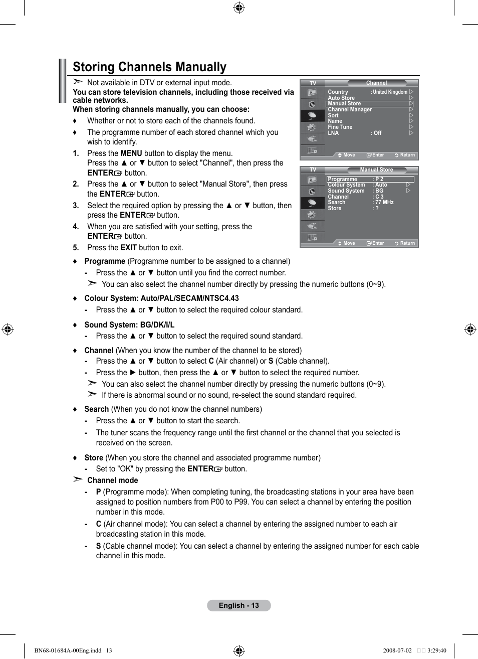 Storing channels manually | Samsung BN68-01684A-00 User Manual | Page 15 / 69