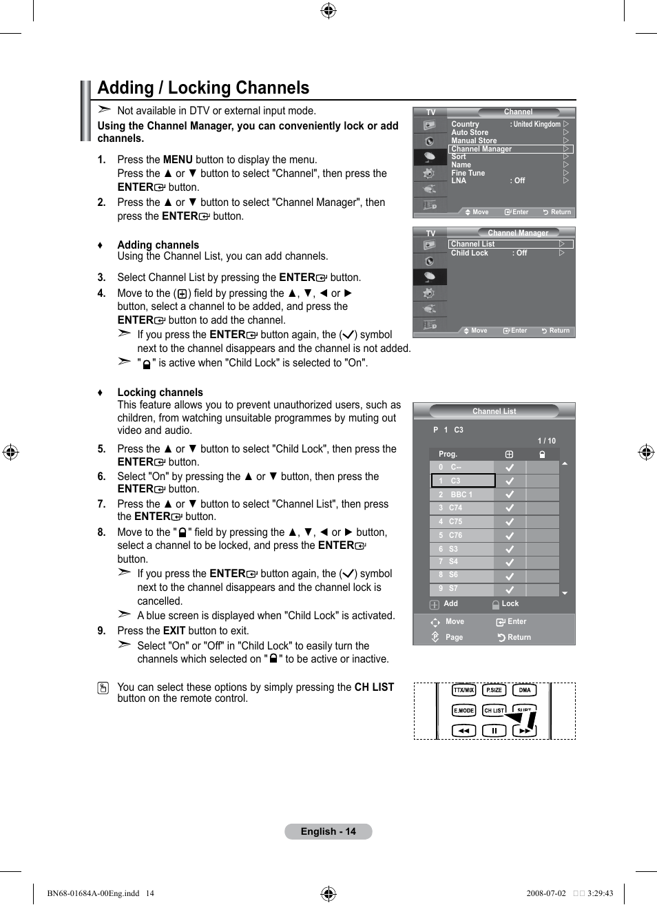 Adding / locking channels | Samsung BN68-01684A-00 User Manual | Page 16 / 69