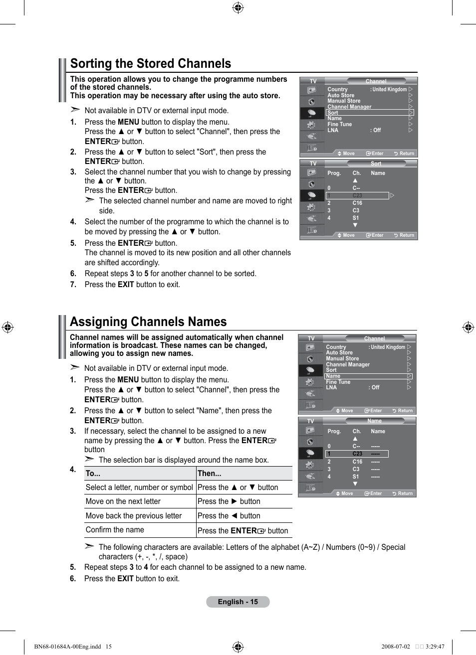 Sorting the stored channels, Assigning channels names | Samsung BN68-01684A-00 User Manual | Page 17 / 69