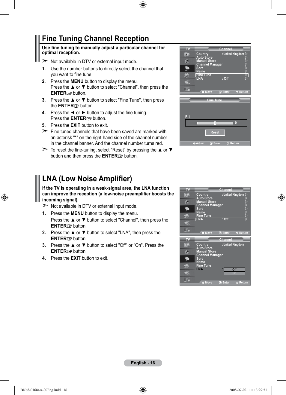 Fine tuning channel reception, Lna (low noise amplifier) | Samsung BN68-01684A-00 User Manual | Page 18 / 69