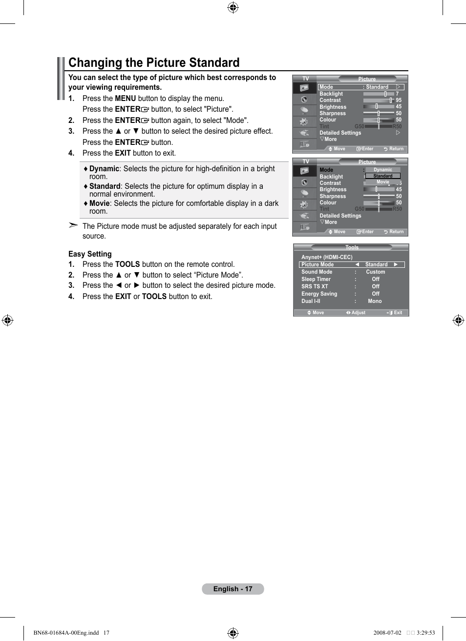 Setting the picture, Changing the picture standard | Samsung BN68-01684A-00 User Manual | Page 19 / 69