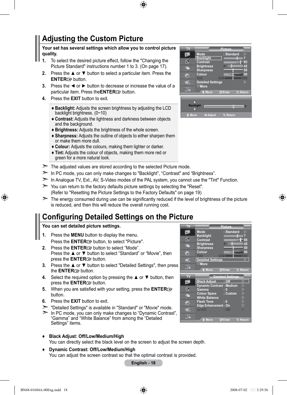 Adjusting the custom picture, Configuring detailed settings on the picture | Samsung BN68-01684A-00 User Manual | Page 20 / 69