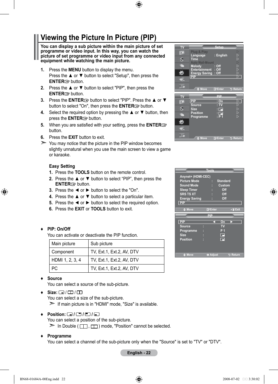 Viewing the picture in picture (pip) | Samsung BN68-01684A-00 User Manual | Page 24 / 69