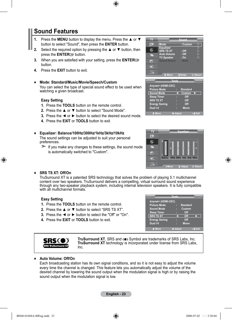 Setting the sound, Sound features | Samsung BN68-01684A-00 User Manual | Page 25 / 69