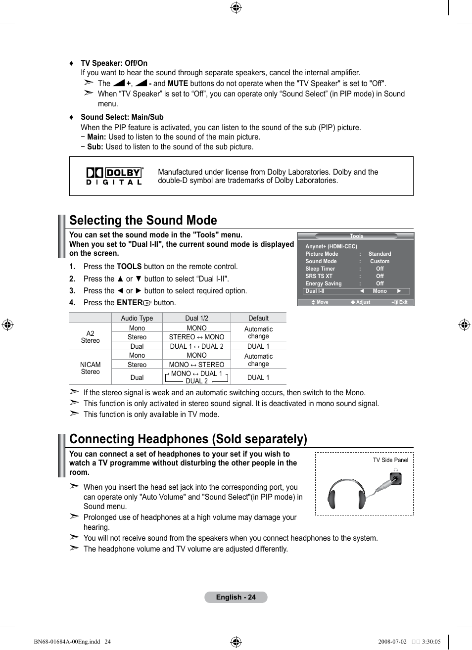 Selecting the sound mode, Connecting headphones (sold separately) | Samsung BN68-01684A-00 User Manual | Page 26 / 69