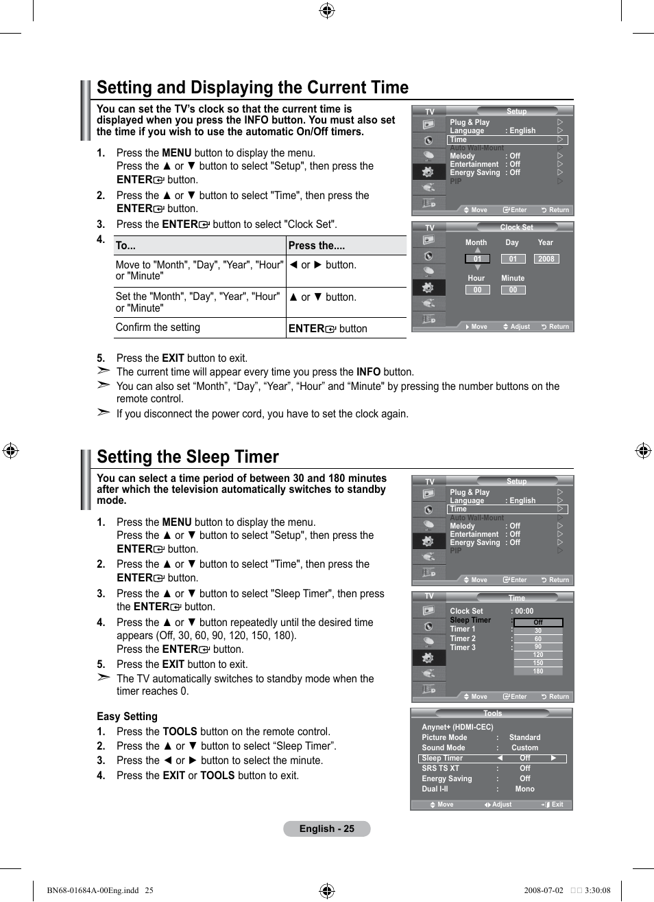 Setting the time, Setting and displaying the current time, Setting the sleep timer | To... press the, Or ► button, Or ▼ button. confirm the setting enter button | Samsung BN68-01684A-00 User Manual | Page 27 / 69