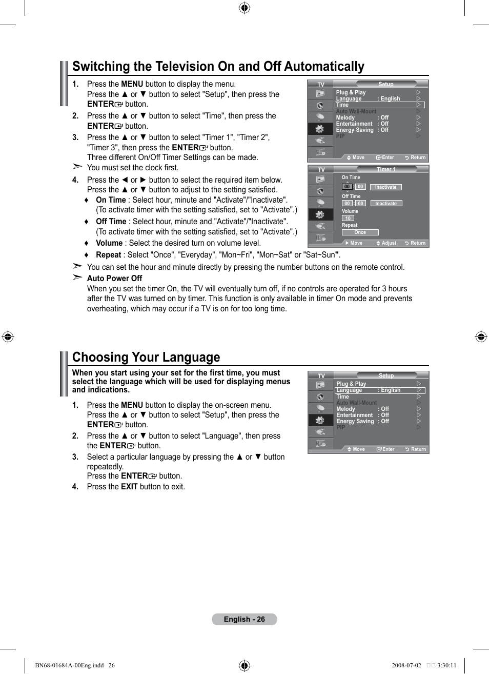 Switching the television on and off automatically, Function description, Choosing your language | Samsung BN68-01684A-00 User Manual | Page 28 / 69