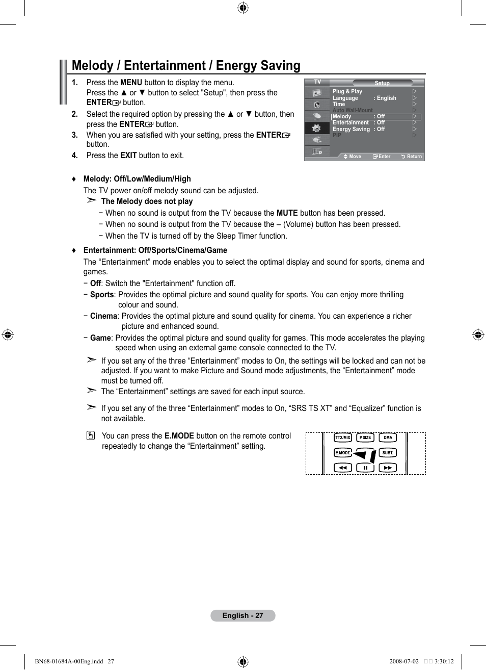 Melody / entertainment / energy saving | Samsung BN68-01684A-00 User Manual | Page 29 / 69