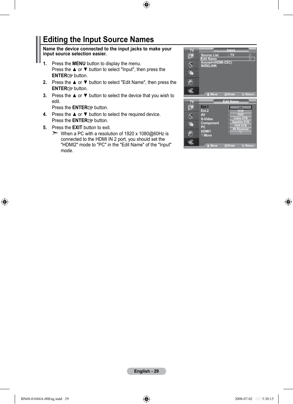 Editing the input source names | Samsung BN68-01684A-00 User Manual | Page 31 / 69