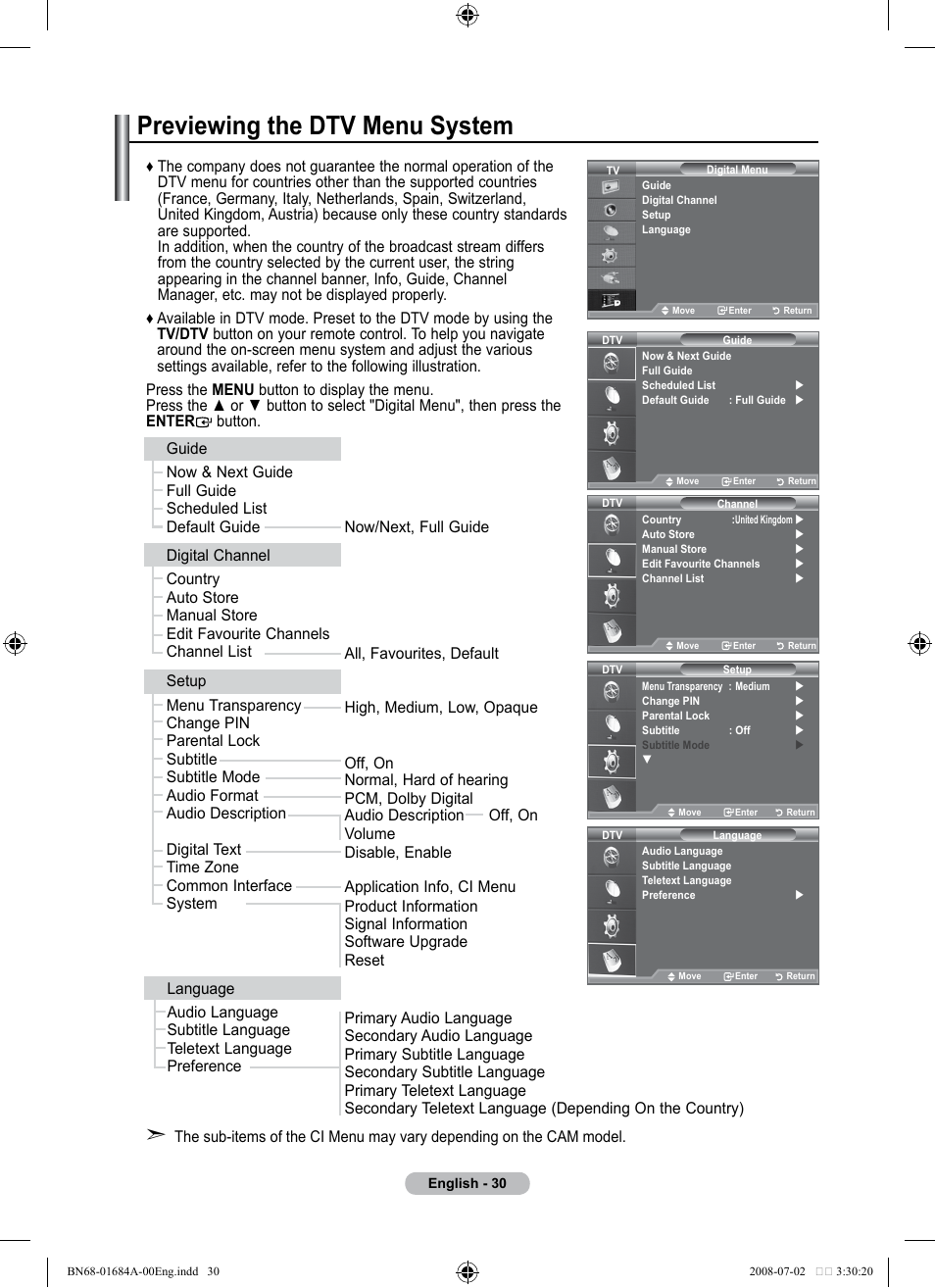 Using the dtv feature, Previewing the dtv menu system | Samsung BN68-01684A-00 User Manual | Page 32 / 69