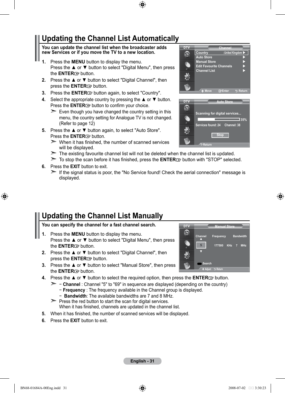 Updating the channel list automatically, Updating the channel list manually | Samsung BN68-01684A-00 User Manual | Page 33 / 69